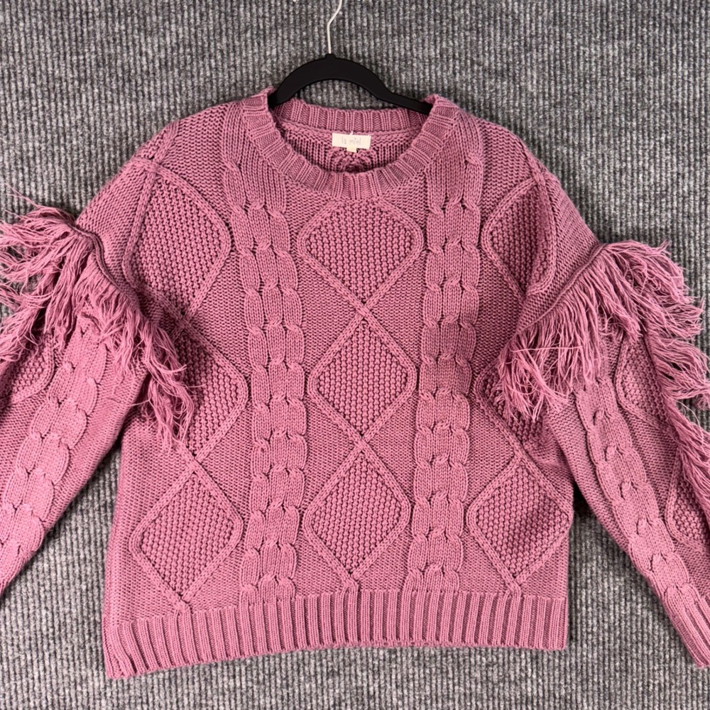 La Miel Womens S/M Pink Cable Knit Fringe Sleeve Pullover Sweater Boho Chic